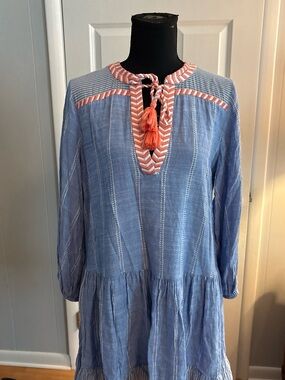 Shoshanna light blue gauzy dress with coral trim